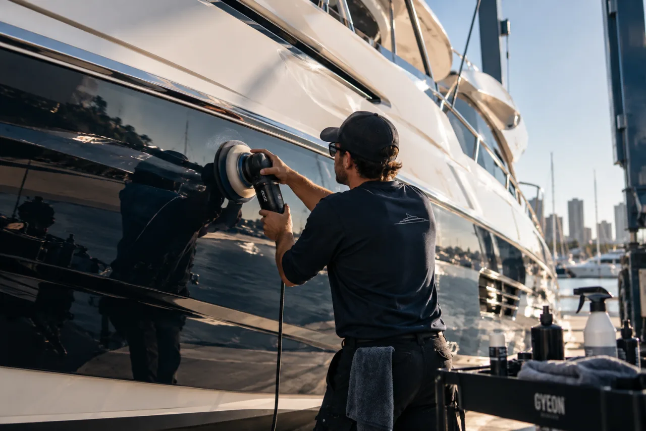 Marine detailer polishing the side of a yacht