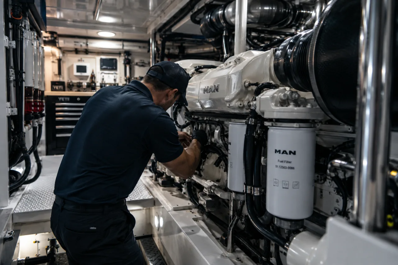 Marine mechanic servicing a yacht engine