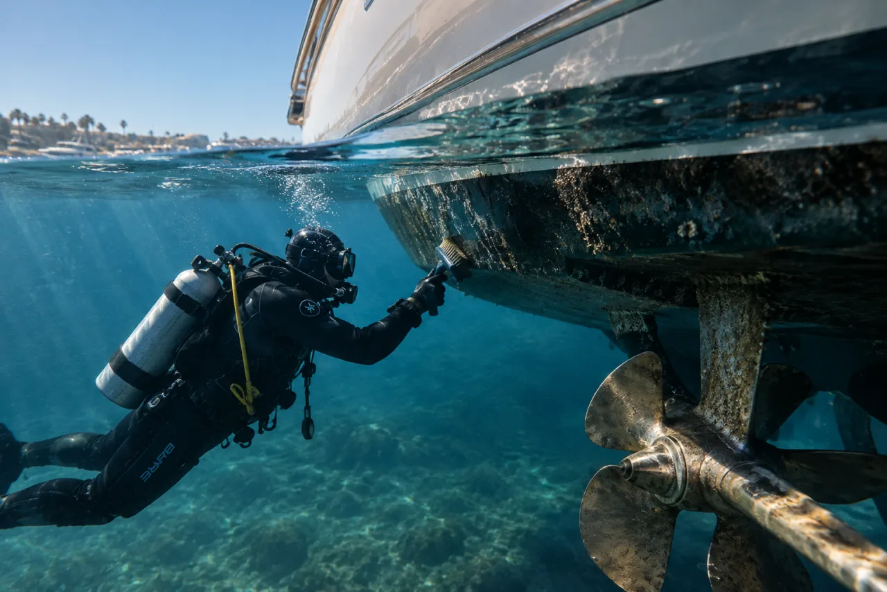 Diver cleaning the underwater hull of a boat
