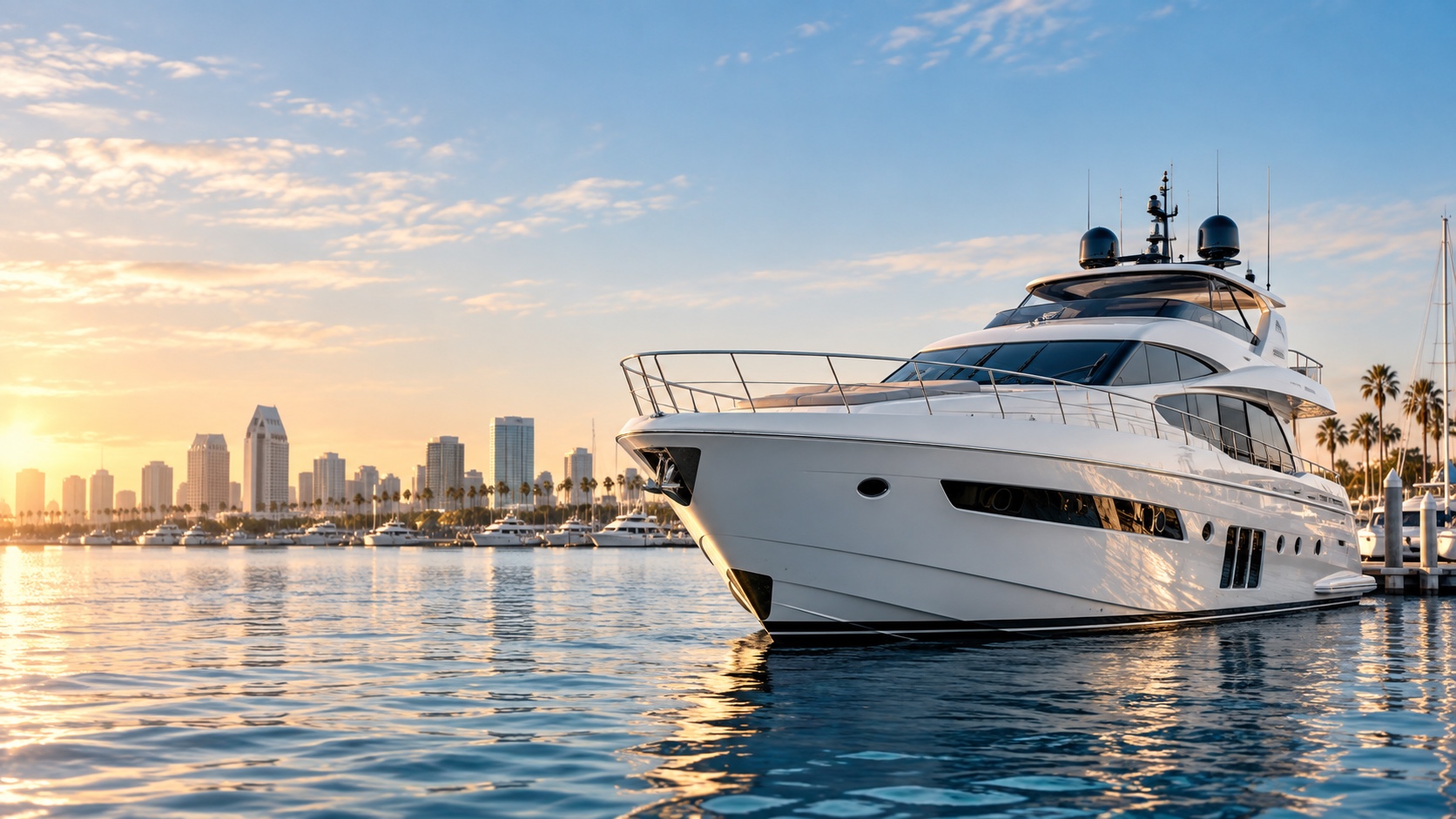 Motor yacht under way at sunset off San Diego, with the city skyline and Coronado bridge behind